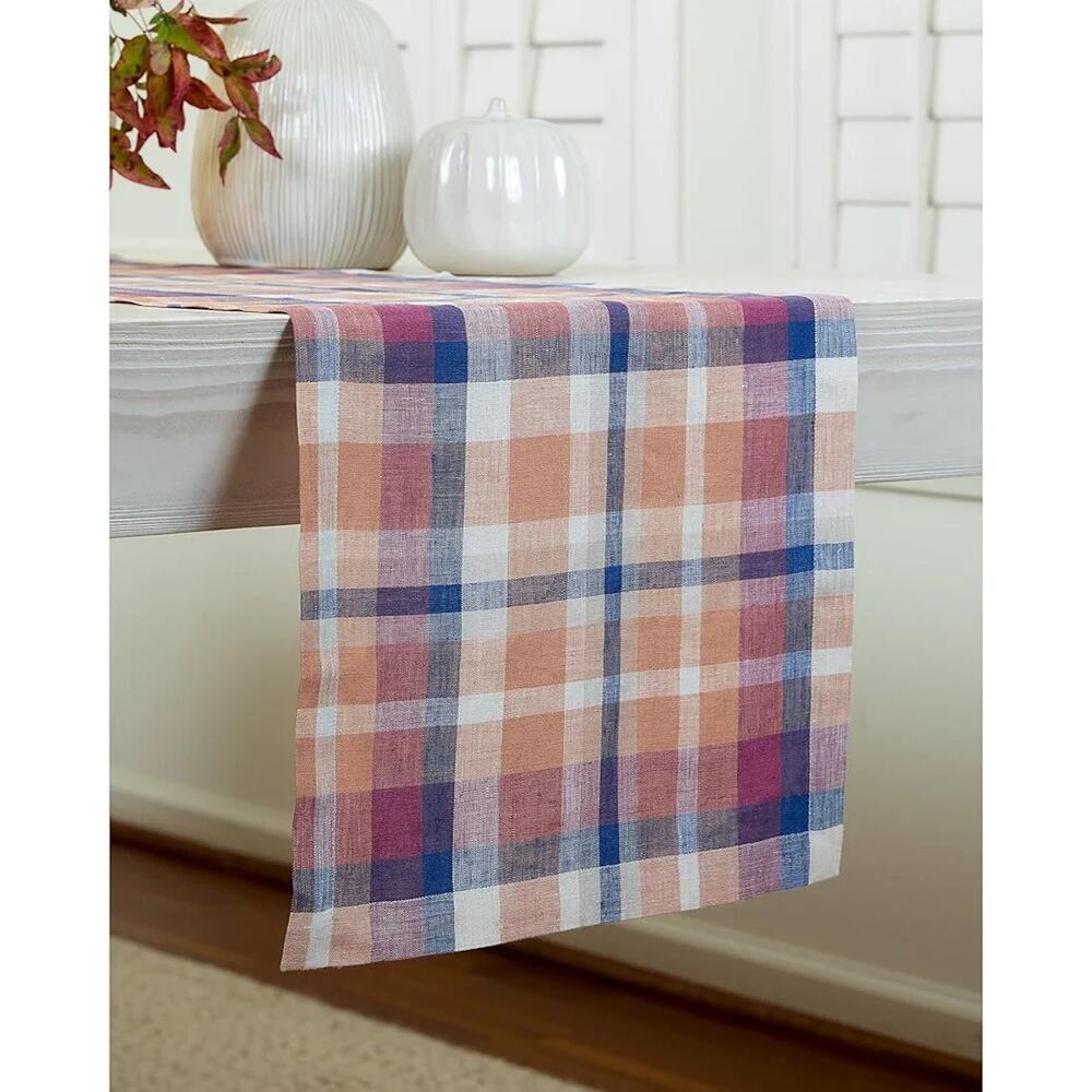 Solino Home Fall Flavors Madras Linen Table Runner, Multi Color Plaid, Sz 36x14